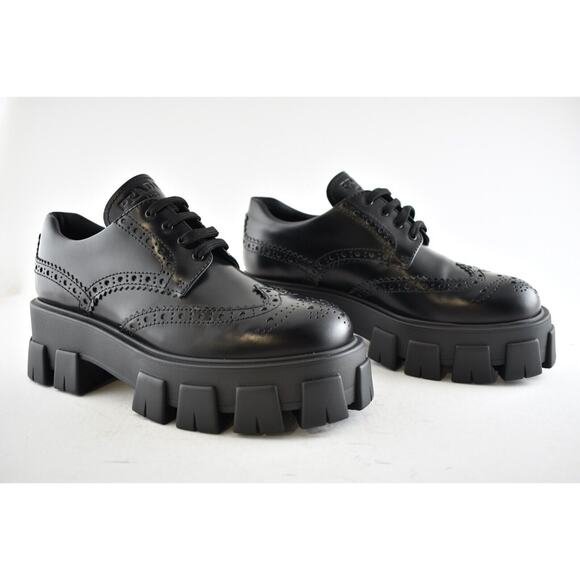 Prada Monolith Brogue Black Leather Platform Loafer Creeper Lace Up Tie Flat 40 - Picture 4 of 10